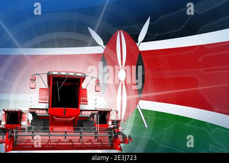 Concetto di modernizzazione delle macchine agricole, mietitrebbia per grano rossa moderna sulla bandiera del Kenya - illustrazione 3D industriale digitale Foto Stock