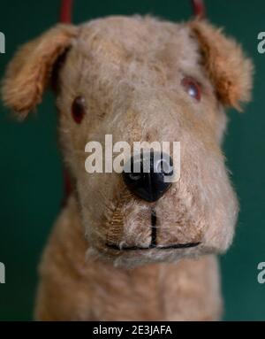 Un giocattolo irlandese d'epoca da cui è possibile spingere lungo Dog Walker Gli anni '50 realizzati da Pedigree Foto Stock