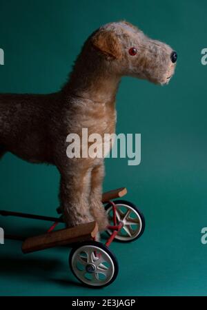 Un giocattolo irlandese d'epoca da cui è possibile spingere lungo Dog Walker Gli anni '50 realizzati da Pedigree Foto Stock