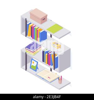 Libri su scaffale in illustrazione vettoriale isometrica. Illustrazione Vettoriale