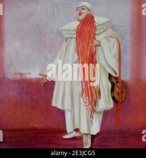 Opera di Leo Rauth chiamata Liebesschwur. Un clown in costume bianco e rosso promette il suo amore. Copia spazio per aggiungere il messaggio d'amore. Foto Stock