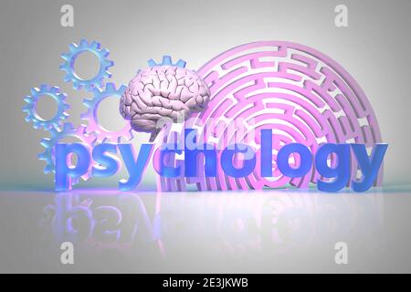 La parola Psicologia e ingranaggi il labirinto, e il cervello umano, presentato qui come un concetto relativo a questa scienza Foto Stock
