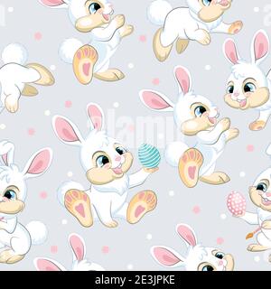 Pattern vettoriale senza giunture con concetto di Pasqua. Conigli bianchi carini di pasqua. Illustrazione colorata isolata su sfondo grigio chiaro. Per stampa, t-shirt, de Illustrazione Vettoriale