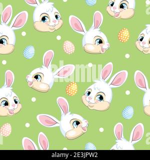 Pattern vettoriale senza giunture con concetto di Pasqua. Teste di graziosi coniglietti bianchi e uova di pasqua. Illustrazione colorata isolata su sfondo verde. Per prin Illustrazione Vettoriale