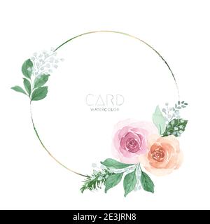 Rosa e arancio rosa bouquet acquerello floreale dipinto a mano su cornice circolare. Fiore vettoriale per concetto di matrimonio, invito, biglietto d'auguri o design per Illustrazione Vettoriale