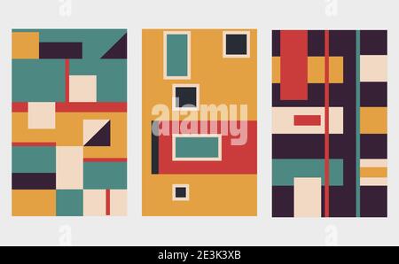 Insieme di sfondi con grafica di geometria vintage. Per copertine, voucher, poster, volantini e progetti di striscioni. Design piatto Illustrazione Vettoriale
