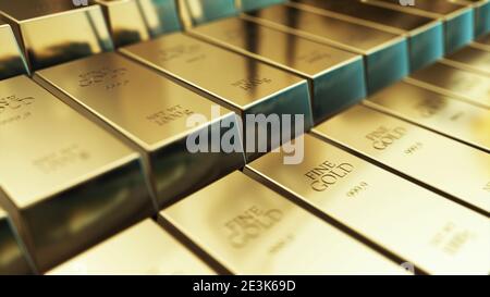 Lingotti d'oro realistici, barre di sfondo astratto per il rendering 3d finanziario Foto Stock