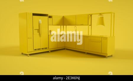 Cucina 3D interno isolato su sfondo giallo. rendering 3d Foto Stock