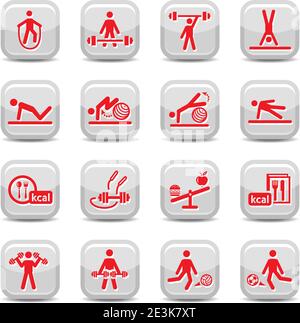 Set di icone vettoriali per fitness e sport per Web e dispositivi mobili. Tutti gli elementi sono raggruppati. Illustrazione Vettoriale