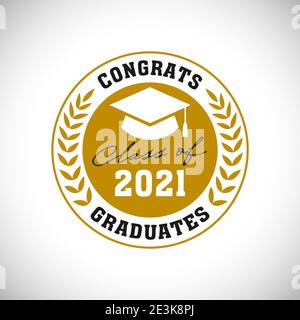 Classe di 2021 anni di laurea badge, premiazione wreath, concetto di medaglia. Cartello rotondo, biglietto d'invito per le festività felici, cerchio d'oro. Grafico astratto isolato Foto Stock