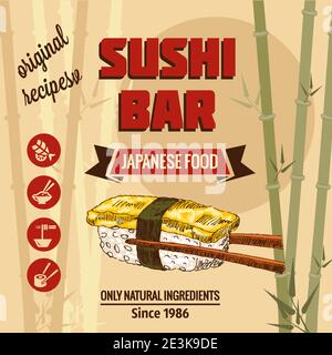 Poster del Sushi Bar d'epoca. Illustrazione vettoriale. Illustrazione Vettoriale