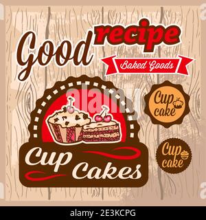 Elegante set di etichette Vector Cup Cakes. Tutti gli elementi sono raggruppati. Illustrazione Vettoriale