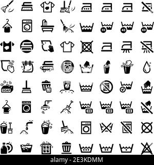 64 icone di lavanderia e lavaggio per il web e i dispositivi mobili. Tutti gli elementi sono raggruppati. Illustrazione Vettoriale