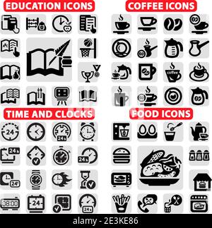 Elegante set di icone per l'educazione vettoriale, il caffè, l'orologio e il cibo. Illustrazione Vettoriale
