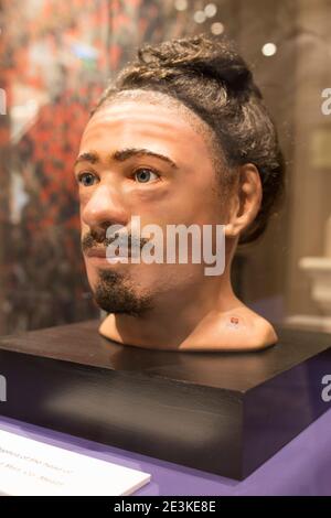Dublino, Irlanda - 20 febbraio 2020: Clonycavan Man. Ricostruzione facciale di Iron Age Man trovato in Contea di Meath, Irlanda. Archeologia Museo Nazionale di Foto Stock