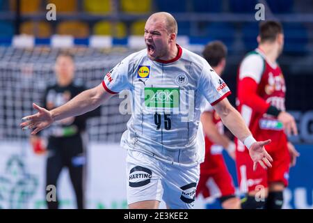 Madinat Sittah Uktubar, Egitto. 19 gennaio 2021. Pallamano: Coppa del mondo, Germania - Ungheria, turno preliminare, Gruppo A, Giornata 3. Il tedesco Paul Drux Grazie. Credit: Sascha Klahn/dpa/Alamy Live News Foto Stock