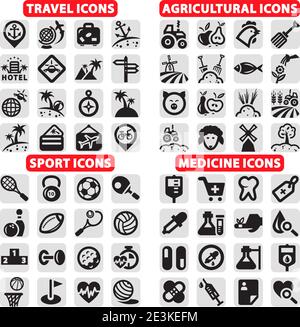 Elegante Vector Travel, Sports, Agriculture and Medicine Icons Set. Illustrazione Vettoriale