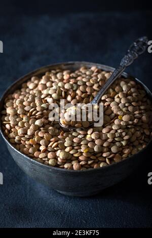 Lenticchia verde in recipiente di metallo su sfondo blu scuro. Foto Stock