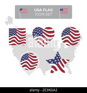 Le icone della bandiera degli Stati Uniti sono impostate a forma di quadrato, cuore, cerchio, stelle e puntatore, indicatore della mappa. USA mappa mosaico. Bandiera americana sventolando nel vento. Taglio della carta. Illustrazione Vettoriale
