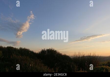 Estate sera Wishy cirrus nuvole in un cielo blu crepuscolo sul paesaggio Shropshire, Regno Unito Foto Stock