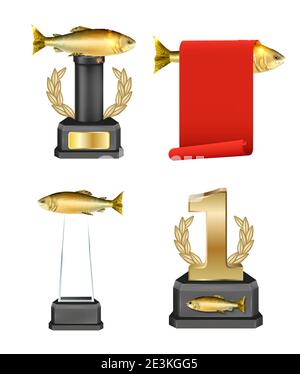 Mockup trofeo di pesca, illustrazione vettoriale isolata. Premi realistici vincitori della gara di pesca, targhe. Illustrazione Vettoriale