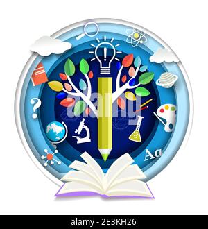 Libro aperto di taglio di carta, albero della conoscenza, simboli di scienza e dei soggetti della scuola, illustrazione vettoriale. Illustrazione Vettoriale
