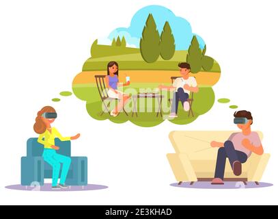 Felice coppia in occhiali vr con pic-nic virtuale all'aperto seduto in poltrone a casa, vettore piatto illustrazione isolata Illustrazione Vettoriale