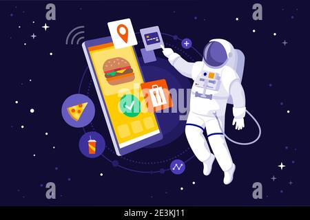 Astronauta galleggiando nello spazio e ordinando fast food utilizzando un smartphone di grandi dimensioni Illustrazione Vettoriale