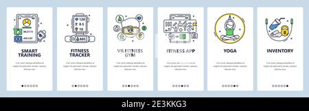 Formazione intelligente. App per il monitoraggio del fitness, palestra vr, yoga, inventario sportivo. Schermate delle app mobili, modello di banner per siti Web vettoriali. Illustrazione Vettoriale