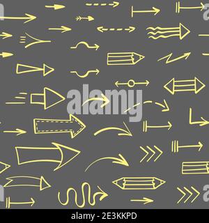 Motivo senza giunture con frecce gialle disegnate a mano su sfondo grigio. Illustrazione vettoriale. Illustrazione Vettoriale