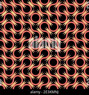 Truchet generative art loop casuali e cerchi vettoriali senza giunture di sfondo. Occhielli circolari rossi e gialli girevoli su sfondo nero Illustrazione Vettoriale