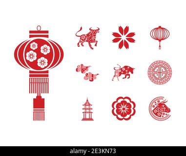 bundle di dieci cinese nuovo anno 2021 set icone vettore disegno dell'illustrazione Illustrazione Vettoriale