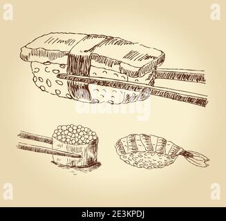 Set di sushi disegnati a mano isolati su un terreno di bachkground bianco, illustrazione vettoriale. Illustrazione Vettoriale