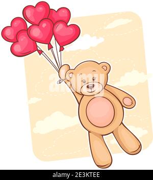 Illustrazione di cute orsacchiotto con palloncini rossi cuore. Illustrazione Vettoriale