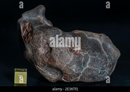 Meteorite condrita isolato, pezzo di roccia formato come un asteroide nell'universo a durante la creazione del sistema solare Foto Stock