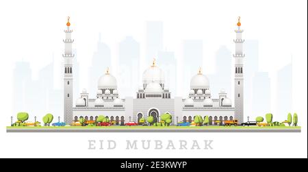 Ramadhan Kareem. EID Mubarak saluti con la Grande Moschea ad Abu Dhabi isolato su bianco. Illustrazione vettoriale. Elegante edificio della Moschea Islamica. Illustrazione Vettoriale