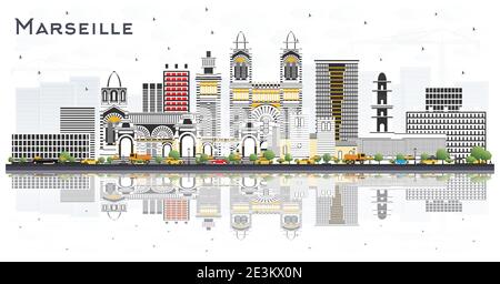 Marseille France City Skyline con edifici grigi e riflessi isolati su bianco. Illustrazione vettoriale. Concetto di viaggio e turismo Illustrazione Vettoriale