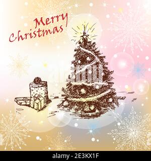 Albero di Natale vintage disegnato a mano con palle e regali. EPS vettoriale 10. Illustrazione Vettoriale