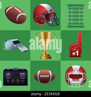 pacchetto di nove icone super bowl set su sfondo verde disegno di illustrazione vettoriale Illustrazione Vettoriale