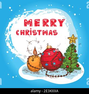 Illustrazione di Natale con albero e palle di Natale - cartolina di Capodanno in stile retro con testo - vettoriale. Illustrazione Vettoriale