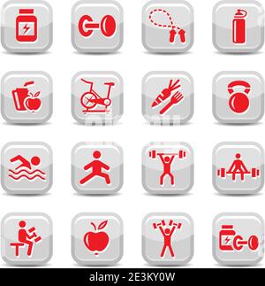 Set di icone Vector Bodybuilding e Fitness per il web e i dispositivi mobili. Tutti gli elementi sono raggruppati. Illustrazione Vettoriale