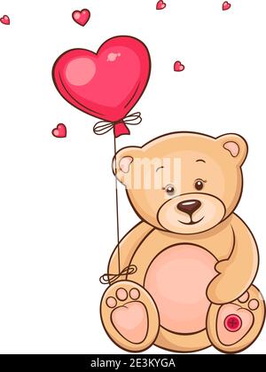 Orsetto disegnato a mano con palloncino cuore rosso. Illustrazione Vettoriale