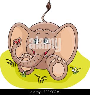 Illustrazione di un simpatico elefante del bambino che gioca nell'erba. Illustrazione Vettoriale