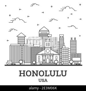 Profilo Honolulu Hawaii USA City Skyline con edifici moderni isolati su bianco. Illustrazione vettoriale. Paesaggio urbano di Honolulu con punti di riferimento. Illustrazione Vettoriale