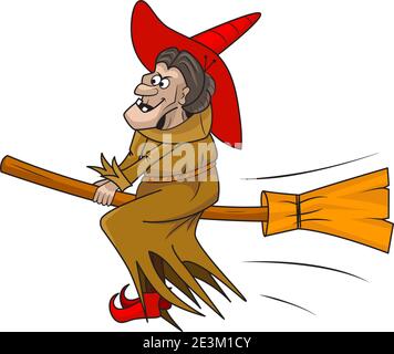Vettore cartoon strega volare sul suo bastone Illustrazione Vettoriale