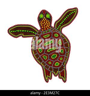Tartaruga isolata su sfondo bianco. Pittura aboriginale di lucertola dell'Australia. Immagine vettoriale stile aborigeno tartaruga.Etnico Illustrazione Vettoriale