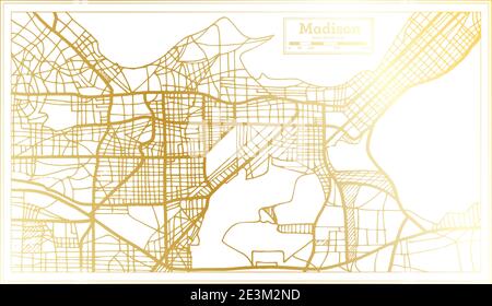 Mappa di Madison USA in stile retro in colore dorato. Mappa di contorno. Illustrazione vettoriale. Illustrazione Vettoriale