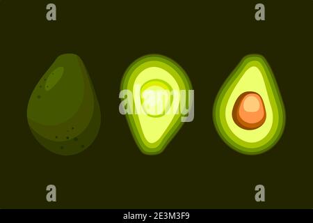 Avocado intero e mezzo isolato su sfondo verde scuro. Cibo sano a base di piante per vegetariani e vegani. Formato vettoriale EPS10 Illustrazione Vettoriale