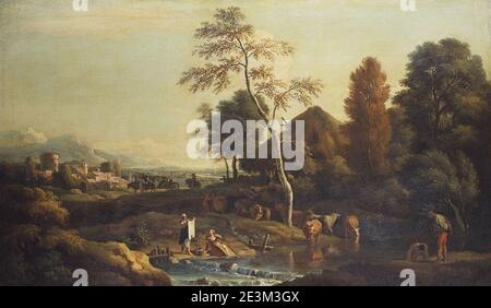 Marco Ricci (Belluno 1676-Venezia 1730) - Paesaggio con le donne che lavano i vestiti Foto Stock