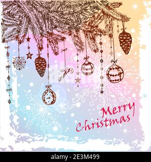 Albero in pelliccia di Natale disegnato a mano con palline, giocattoli e cono di Abete. EPS vettoriale 10. Tutti gli elementi sono in livelli separati e raggruppati, facili da modificare. Illustrazione Vettoriale